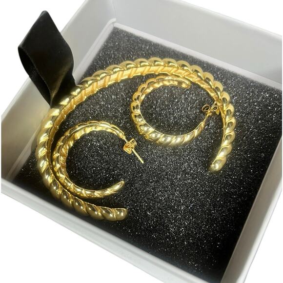 Twisted Cuff Bracelet 7.5" & 1" Half Hoop Earrings in ION Plated YG - Picture 2 of 5